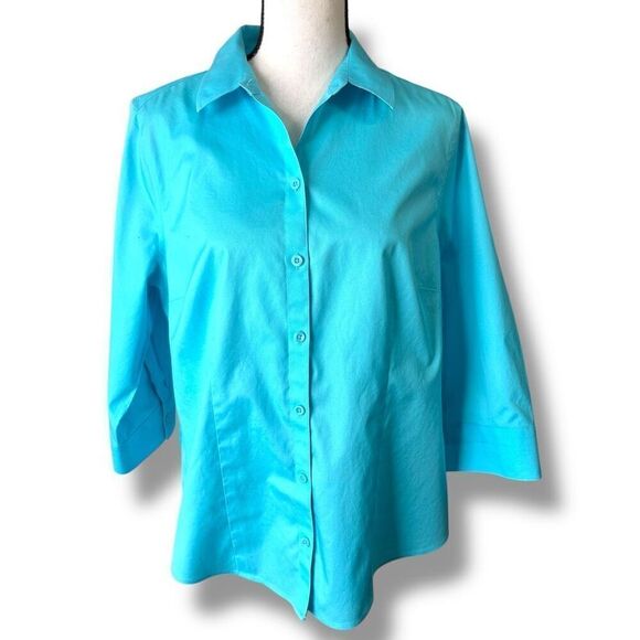 Chico's Tops - Chico's No Iron 100% Cotton 3/4 Sleeve Collared‎ Button-Up Shirt Blue Size 1